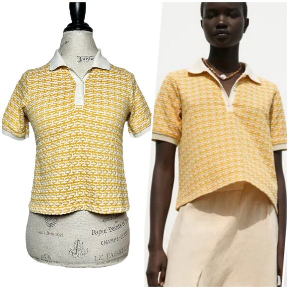 Zara Tops - Zara | Women | Yellow Jacquard Texture Knit Cropped Polo Top | Size Small